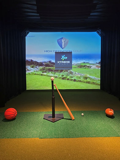 Baseball bat on tee, small ball, and a large screen SPORTS SUITE environment at extreme play